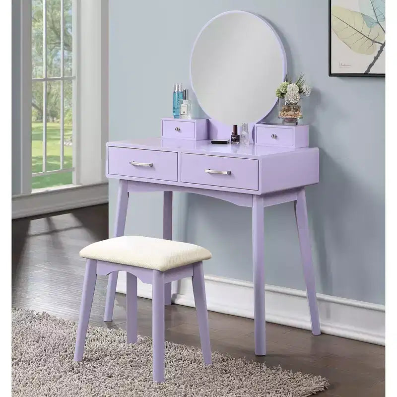 Coiffeuse moderne avec miroir rond, rangement organisé, tabouret assorti pour chambre, finition violette, design compact