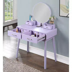 Coiffeuse moderne avec miroir rond, rangement organisé, tabouret assorti pour chambre, finition violette, design compact