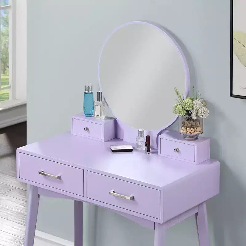 Coiffeuse moderne avec miroir rond, rangement organisé, tabouret assorti pour chambre, finition violette, design compact