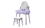 Coiffeuse moderne avec miroir rond, rangement organisé, tabouret assorti pour chambre, finition violette, design compact