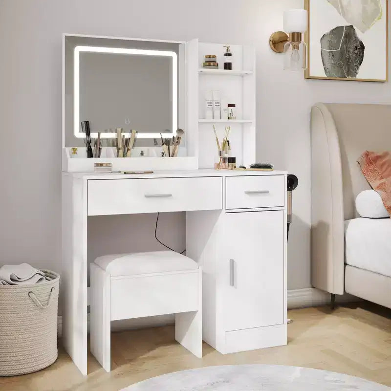 Modern Makeup Vanity Desk with LED Mirror, Cabinet and Shelf Storage, Charging Station, Matching Stool, and Open Shelves for Bedroom