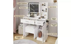 Coiffeuse moderne avec miroir LED, armoire de rangement et étagères, station de charge, tabouret assorti et étagères ouvertes pour chambre à coucher