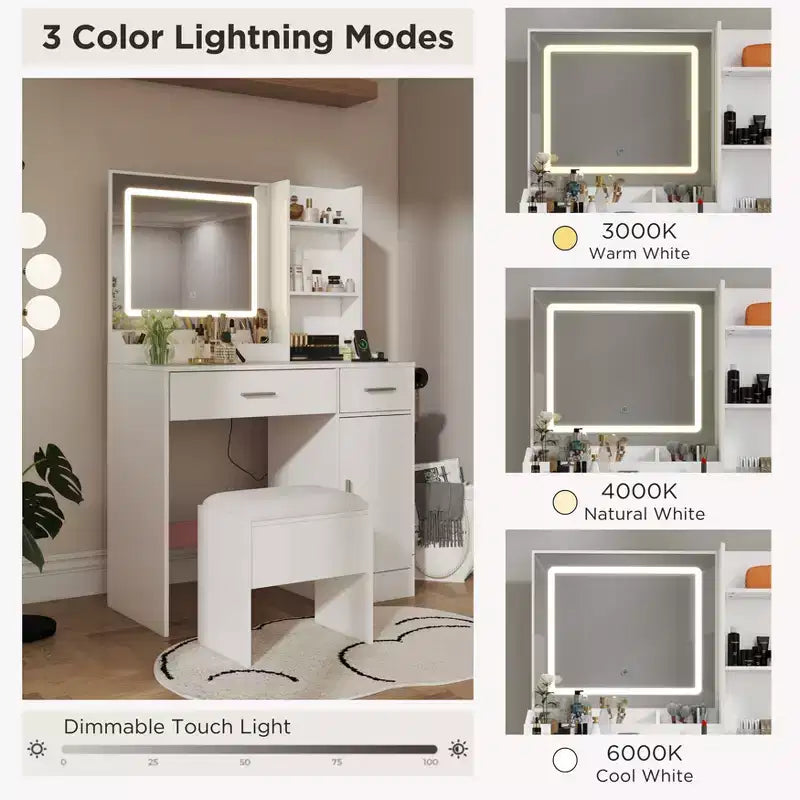 Coiffeuse moderne avec miroir LED, armoire de rangement et étagères, station de charge, tabouret assorti et étagères ouvertes pour chambre à coucher