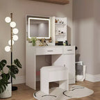 Coiffeuse moderne avec miroir LED, armoire de rangement et étagères, station de charge, tabouret assorti et étagères ouvertes pour chambre à coucher