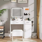 Coiffeuse moderne avec miroir LED, armoire de rangement et étagères, station de charge, tabouret assorti et étagères ouvertes pour chambre à coucher