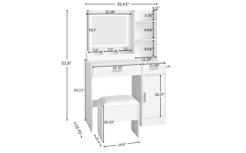 Coiffeuse moderne avec miroir LED, armoire de rangement et étagères, station de charge, tabouret assorti et étagères ouvertes pour chambre à coucher