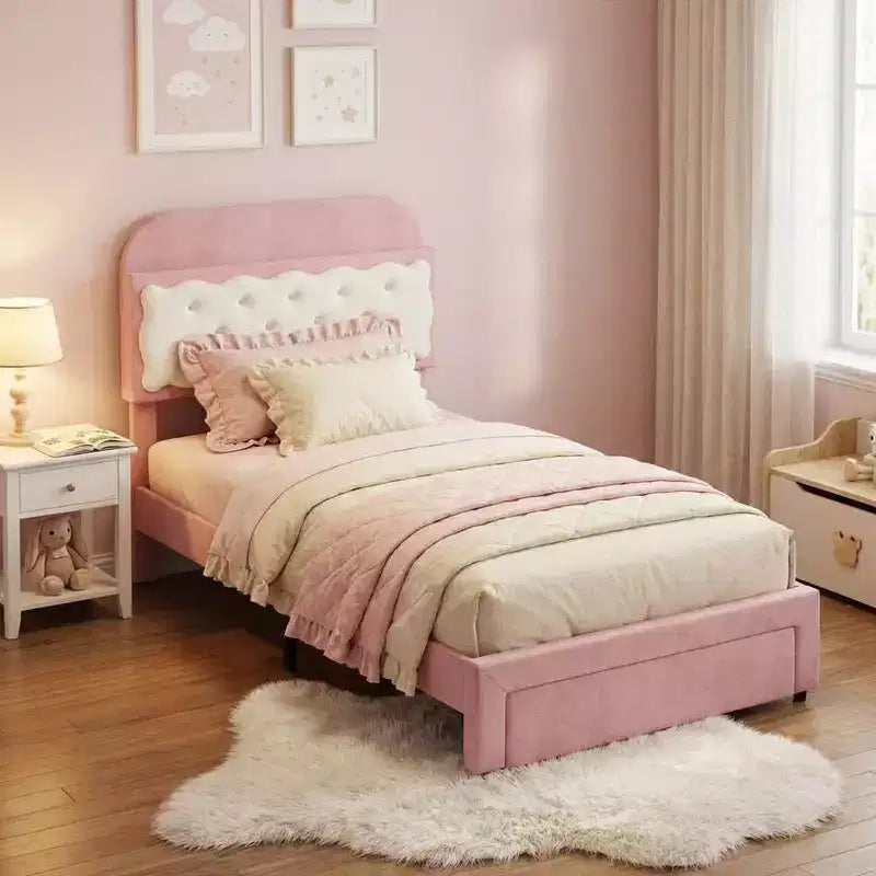 Coolmee Lits Jumeaux, Lit Plateforme Rembourré avec Tête de Lit Capitonnée Rangement, Tiroir, Lattes en Bois Robustes, Pas Besoin de Sommier Tapissier, Assemblage Facile