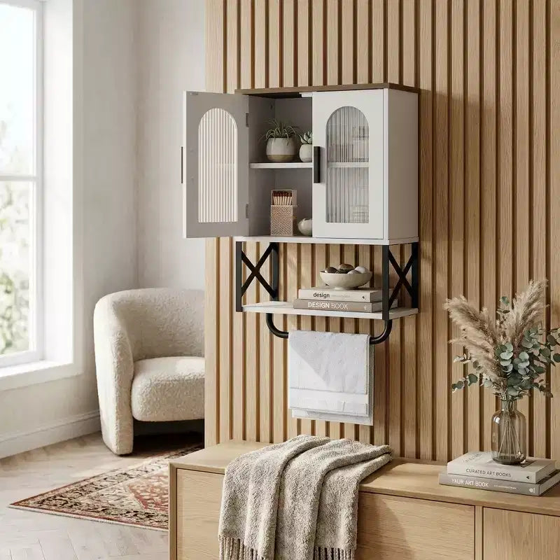 Meuble Haut de Salle de Bain Dcolora avec Étagère Réglable, Porte-Serviettes, 2 Portes en Verre