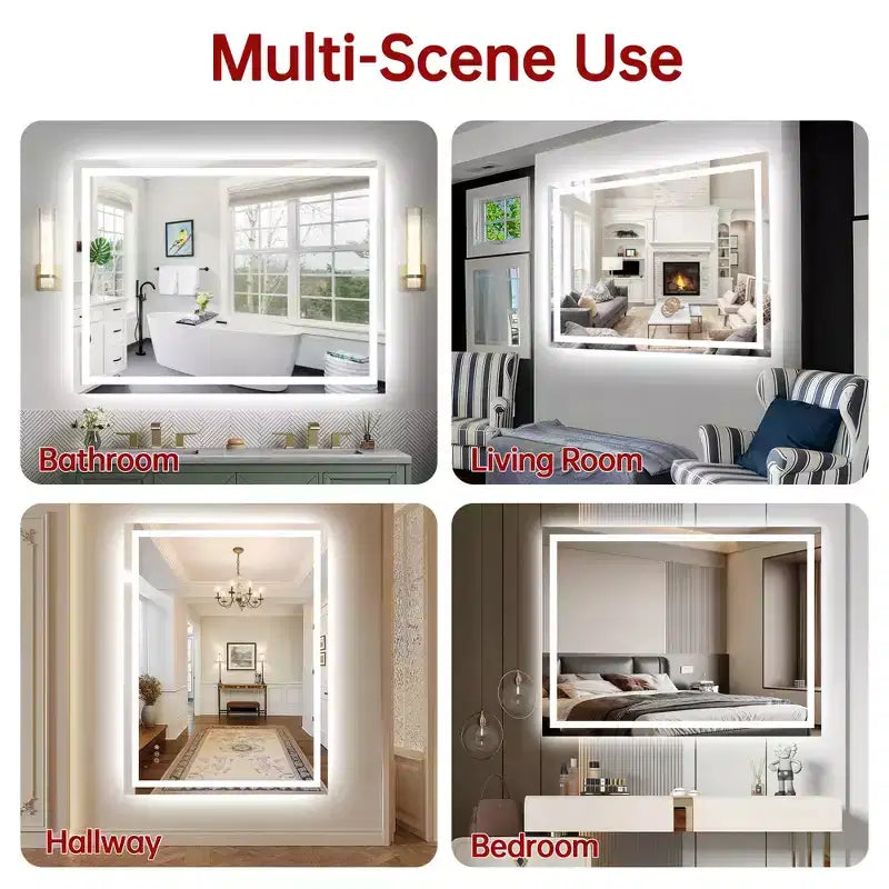 SUMERAIN Miroir de salle de bain mural LED 48x36, incassable, anti-buée ETL, intensité variable en continu