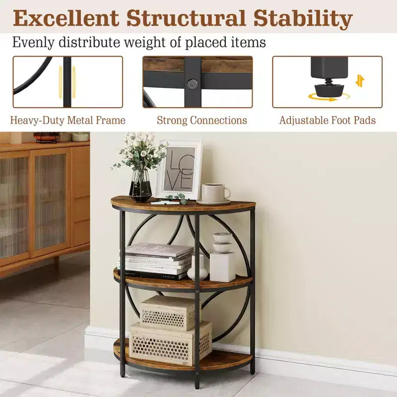 Lot de 2 tables d'appoint semi-circulaires à 3 niveaux Costway avec étagères de rangement en métal robuste, marron rustique
