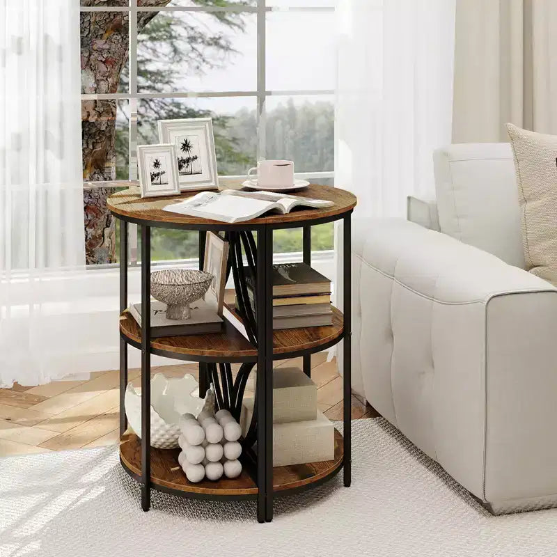 Lot de 2 tables d'appoint semi-circulaires à 3 niveaux Costway avec étagères de rangement en métal robuste, marron rustique