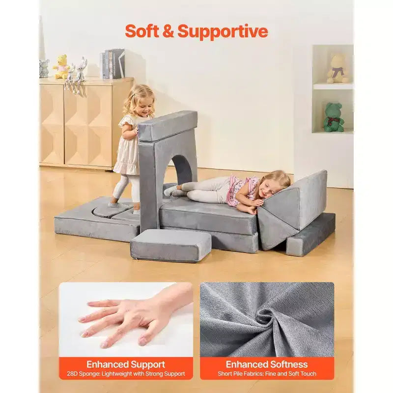 Canapé sectionnel modulaire pour enfants avec accoudoirs, 14 pièces, gris, usage intensif