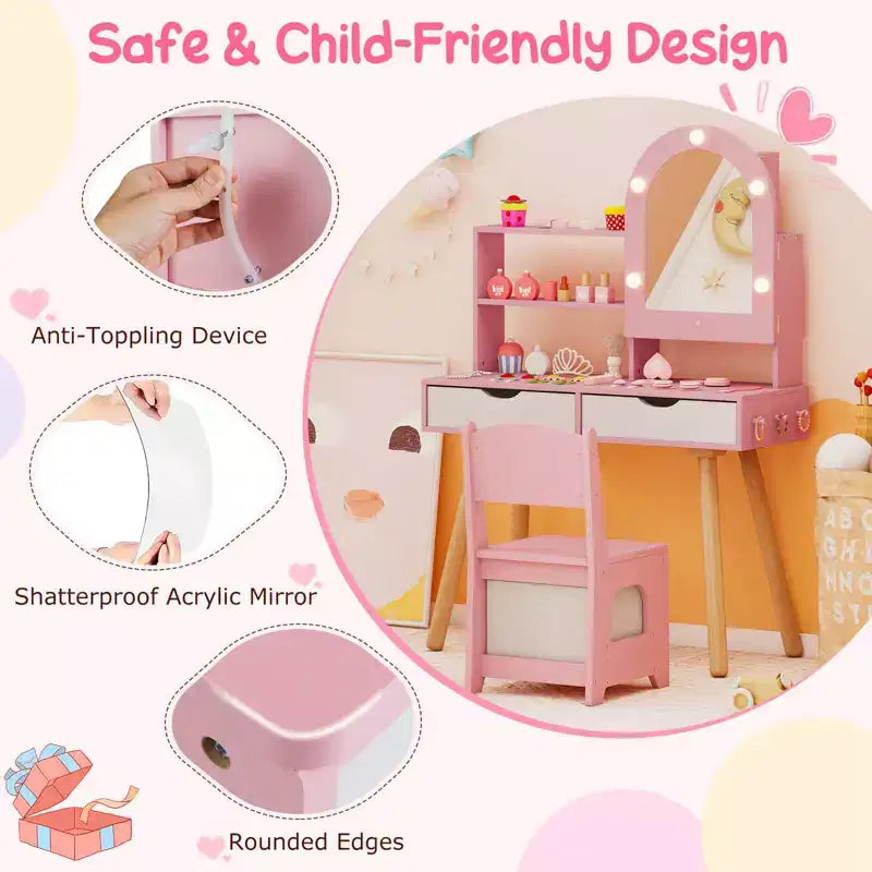 Coiffeuse pour enfants Costway avec 3 modes d'éclairage de couleurs, luminosité réglable, miroir-armoire blanc/rose