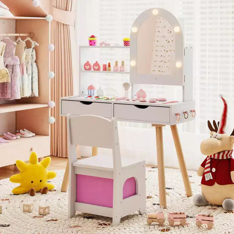 Coiffeuse pour enfants Costway avec 3 modes d'éclairage de couleurs, luminosité réglable, miroir-armoire blanc/rose