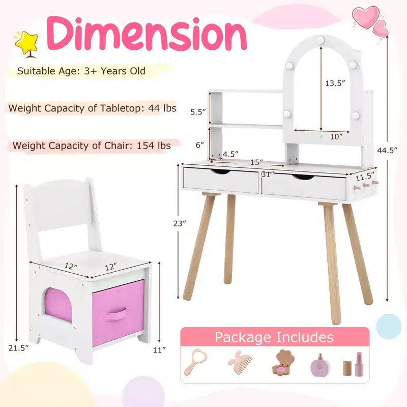 Coiffeuse pour enfants Costway avec 3 modes d'éclairage de couleurs, luminosité réglable, miroir-armoire blanc/rose