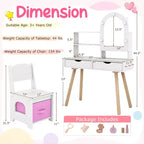 Coiffeuse pour enfants Costway avec 3 modes d'éclairage de couleurs, luminosité réglable, miroir-armoire blanc/rose