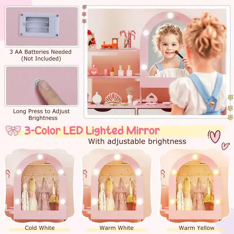Coiffeuse pour enfants Costway avec 3 modes d'éclairage de couleurs, luminosité réglable, miroir-armoire blanc/rose