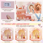 Coiffeuse pour enfants Costway avec 3 modes d'éclairage de couleurs, luminosité réglable, miroir-armoire blanc/rose
