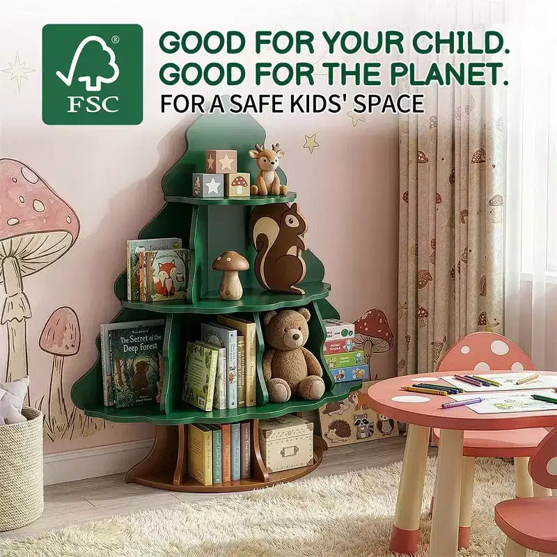 Étagère à Livres pour Enfants Karl Home, 4 Niveaux, 12 Compartiments, en MDF, Motif Arbre de Noël et Écureuil