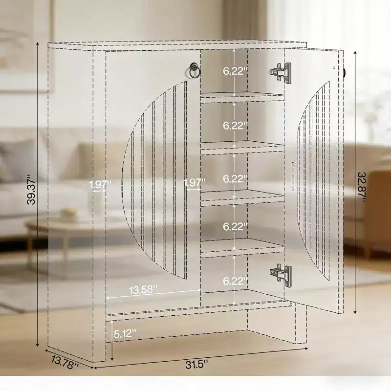 Meuble de Rangement en Bois Moderne GDFStudio Ruige 32 avec 2 Portes à Persiennes Rondes et Étagères Amovibles