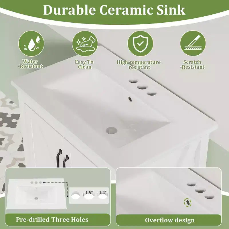 Meuble de salle de bain de 76 cm avec lavabo en céramique, meuble de salle de bain sur pied de style ferme avec 2 portes et 1 tiroir