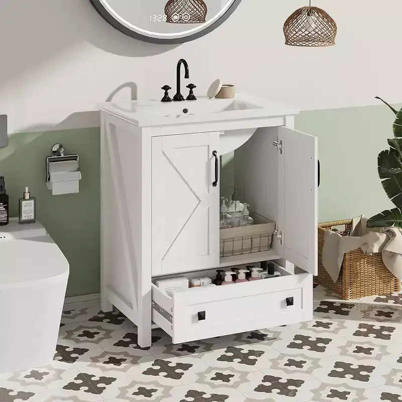 Meuble de salle de bain de 76 cm avec lavabo en céramique, meuble de salle de bain sur pied de style ferme avec 2 portes et 1 tiroir