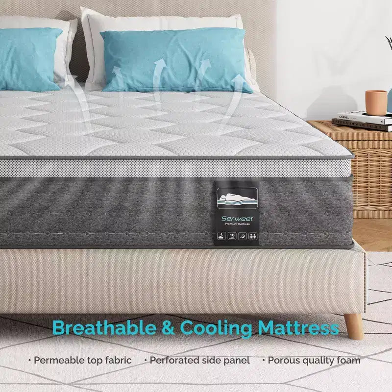 Serweet 8 Matelas Hybride Rafraîchissant 5 Zones d'Isolation du Mouvement, Ressorts Plus Robustes pour un Soutien Durable -Fermeté Moyenne- Compatible avec les Lits Plateformes