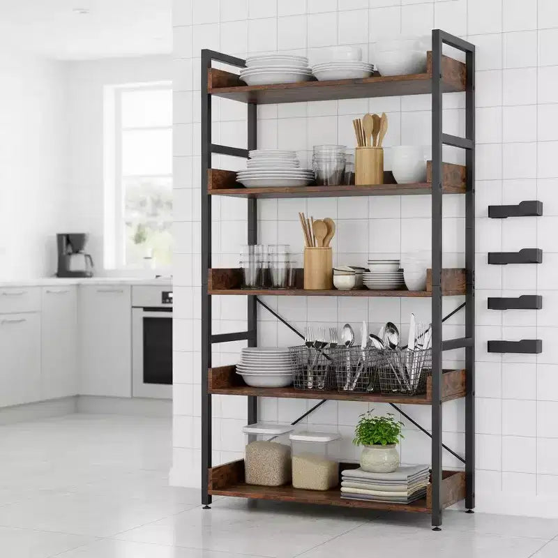Gymax Étagère de rangement à 5 niveaux 1/2 pièces avec crochets, étagères ouvertes, conception en grain de bois rustique, pieds réglables Marron+Noir
