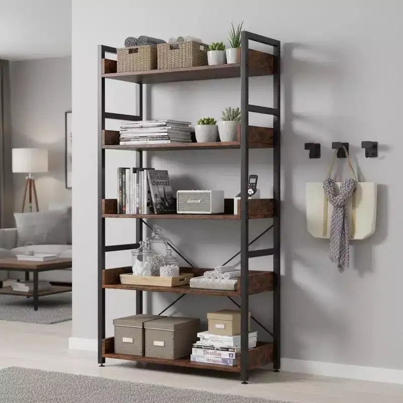 Gymax Étagère de rangement à 5 niveaux 1/2 pièces avec crochets, étagères ouvertes, conception en grain de bois rustique, pieds réglables Marron+Noir