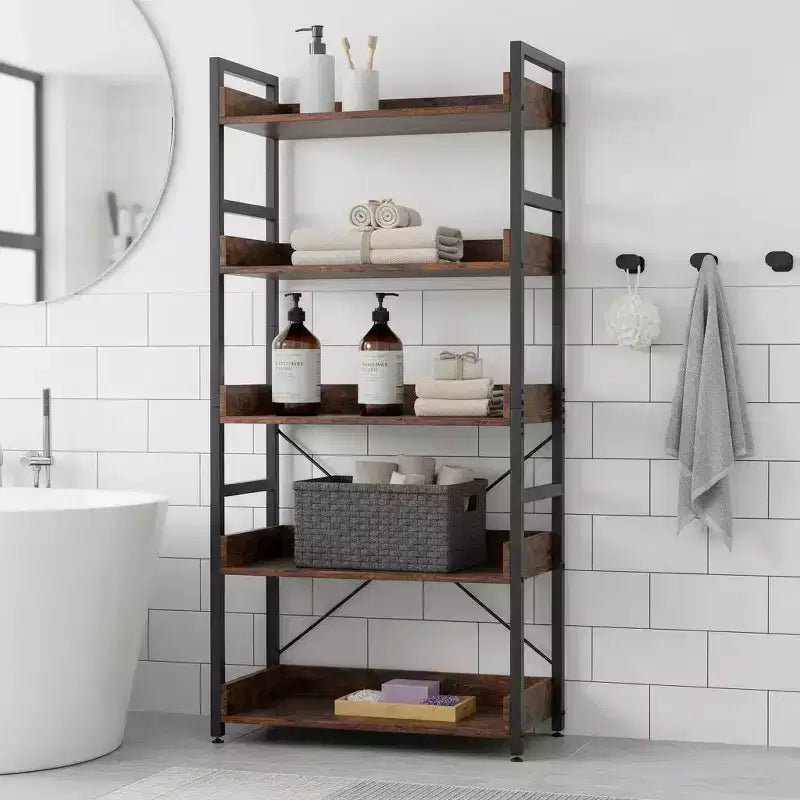 Gymax Étagère de rangement à 5 niveaux 1/2 pièces avec crochets, étagères ouvertes, conception en grain de bois rustique, pieds réglables Marron+Noir