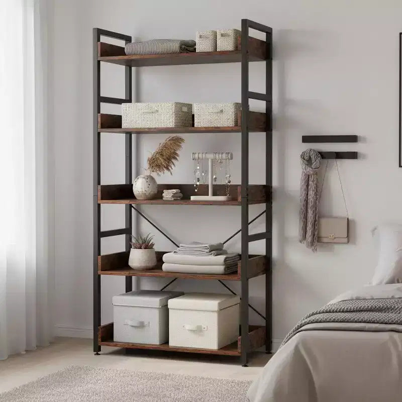 Gymax Étagère de rangement à 5 niveaux 1/2 pièces avec crochets, étagères ouvertes, conception en grain de bois rustique, pieds réglables Marron+Noir