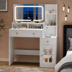Coiffeuse moderne blanche avec miroir LED éclairé, station de charge 2 prises USB Type C, 2 tiroirs, 3 étagères et placard en acrylique pour chambre à coucher.