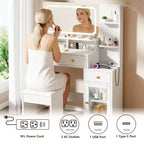 Coiffeuse moderne blanche avec miroir LED éclairé, station de charge 2 prises USB Type C, 2 tiroirs, 3 étagères et placard en acrylique pour chambre à coucher.