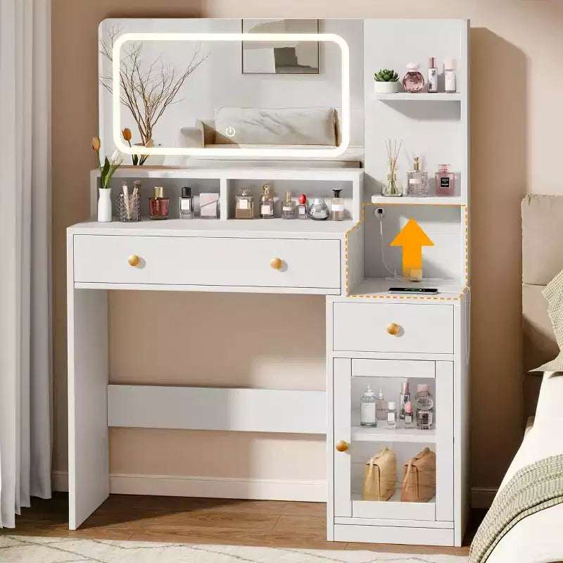 Coiffeuse moderne blanche avec miroir LED éclairé, station de charge 2 prises USB Type C, 2 tiroirs, 3 étagères et placard en acrylique pour chambre à coucher.