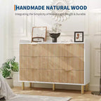 Commode Garvee à 6 tiroirs, 120 cm, en bois cannelé, double commode avec poignées en métal, design incurvé, meuble de rangement spacieux, chêne naturel et blanc