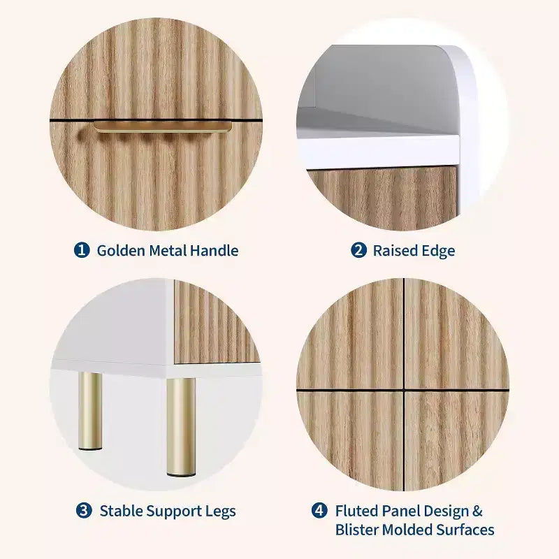 Commode Garvee à 6 tiroirs, 120 cm, en bois cannelé, double commode avec poignées en métal, design incurvé, meuble de rangement spacieux, chêne naturel et blanc