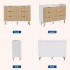 Commode Garvee à 6 tiroirs, 120 cm, en bois cannelé, double commode avec poignées en métal, design incurvé, meuble de rangement spacieux, chêne naturel et blanc