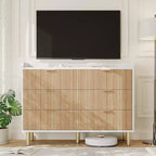 Commode Garvee à 6 tiroirs, 120 cm, en bois cannelé, double commode avec poignées en métal, design incurvé, meuble de rangement spacieux, chêne naturel et blanc