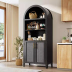 Bibliothèque arquée avec portes et panneaux en rotin, meuble de rangement à 5 niveaux avec étagère réglable pour salon ou bureau