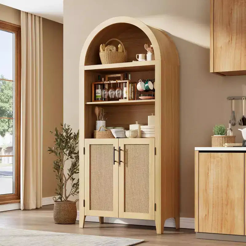 Bibliothèque arquée avec portes et panneaux en rotin, meuble de rangement à 5 niveaux avec étagère réglable pour salon ou bureau