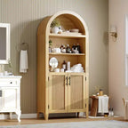 Bibliothèque arquée avec portes et panneaux en rotin, meuble de rangement à 5 niveaux avec étagère réglable pour salon ou bureau