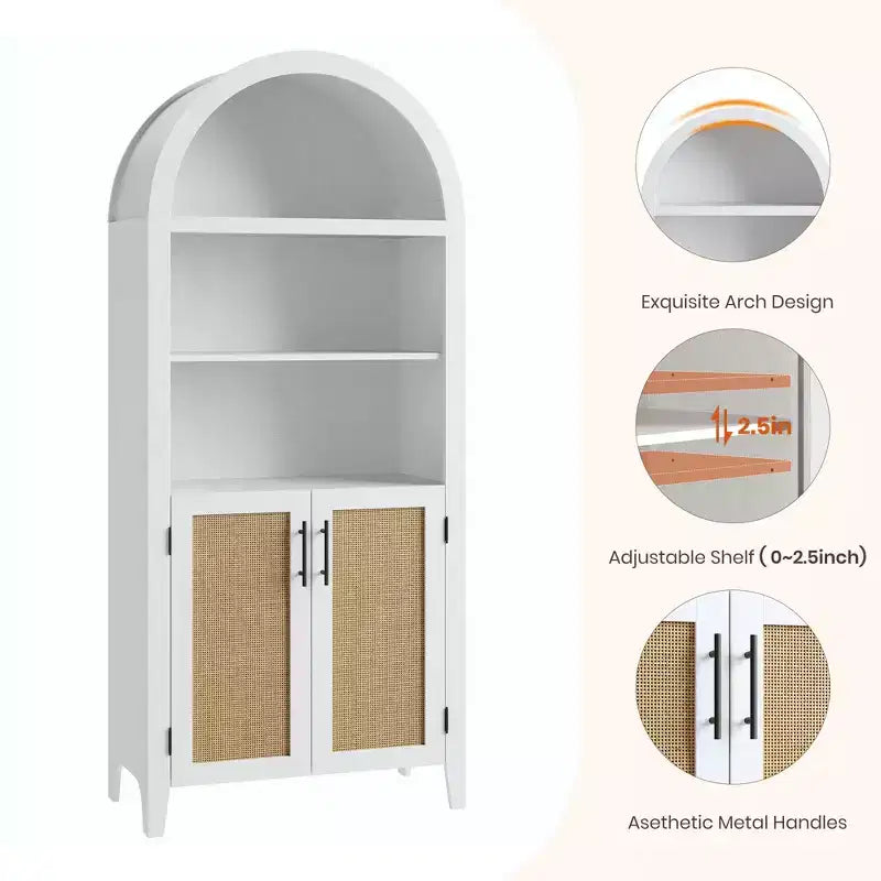 Bibliothèque arquée avec portes et panneaux en rotin, meuble de rangement à 5 niveaux avec étagère réglable pour salon ou bureau