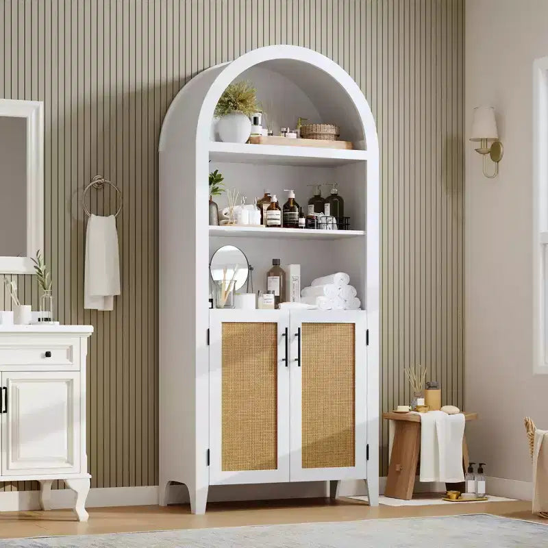 Bibliothèque arquée avec portes et panneaux en rotin, meuble de rangement à 5 niveaux avec étagère réglable pour salon ou bureau