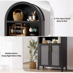 Bibliothèque arquée avec portes et panneaux en rotin, meuble de rangement à 5 niveaux avec étagère réglable pour salon ou bureau