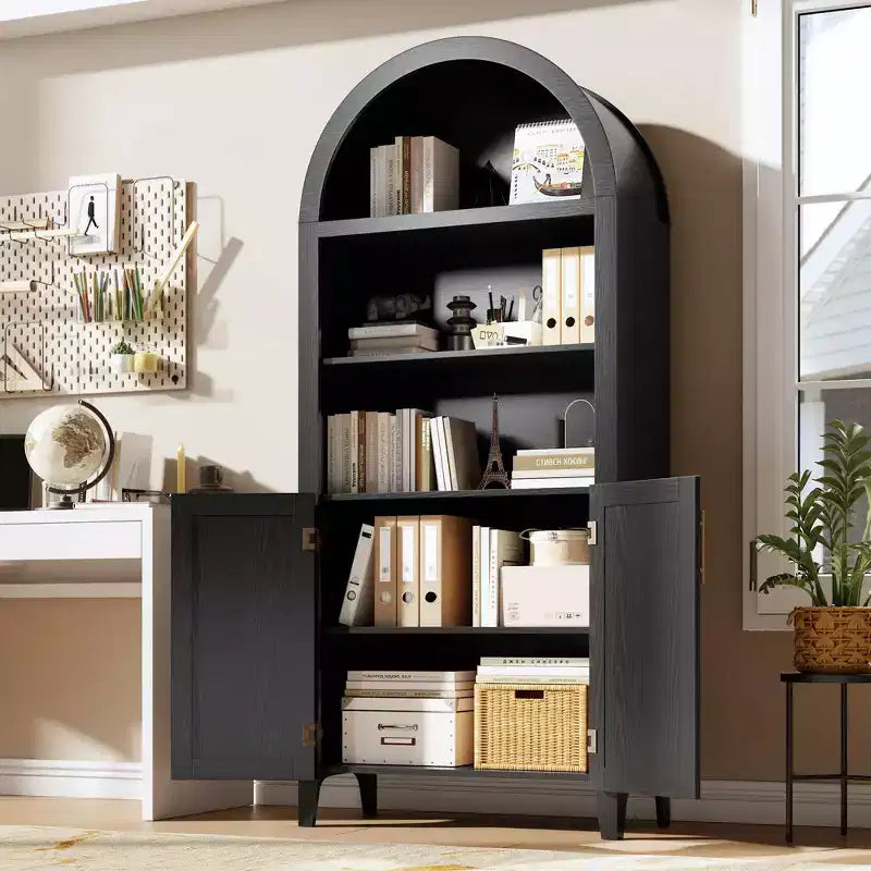 Bibliothèque arquée avec portes et panneaux en rotin, meuble de rangement à 5 niveaux avec étagère réglable pour salon ou bureau