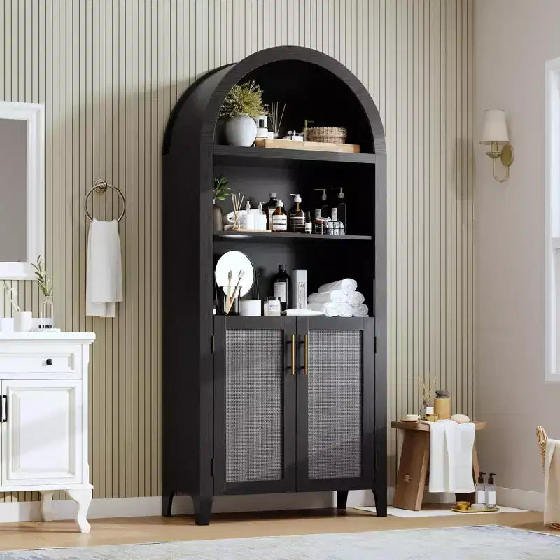 Bibliothèque arquée avec portes et panneaux en rotin, meuble de rangement à 5 niveaux avec étagère réglable pour salon ou bureau