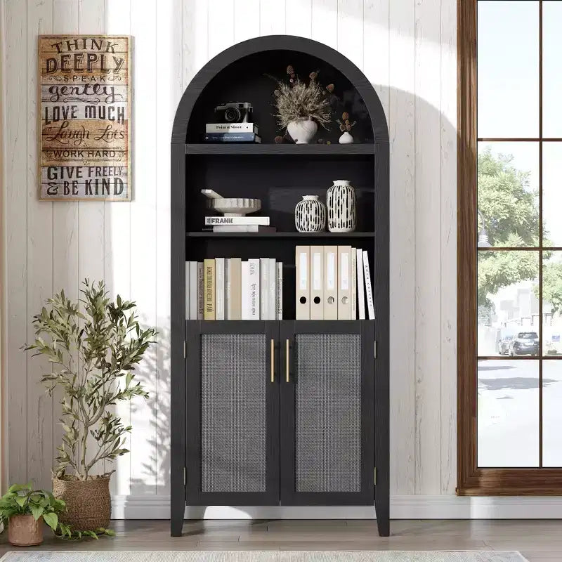 Arched Bookcase with Doors and Rattan Panels, 5 Tier Storage Cabinet with Adjustable Shelf for Living Room or Office