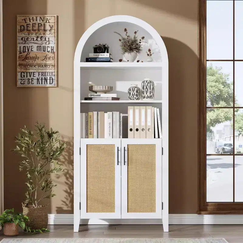 Bibliothèque arquée avec portes et panneaux en rotin, meuble de rangement à 5 niveaux avec étagère réglable pour salon ou bureau