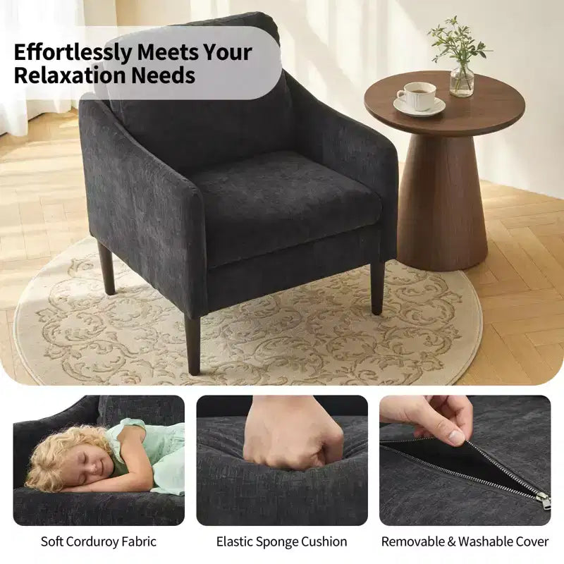 Fauteuil d'appoint en chenille de style Mid-Century Modern avec accoudoirs incurvés, fauteuil simple rembourré pour salon, chambre ou bureau