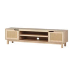 Meuble TV de rangement moderne Boho avec portes en rotin pour TV jusqu'à 80 pouces, chêne côtier